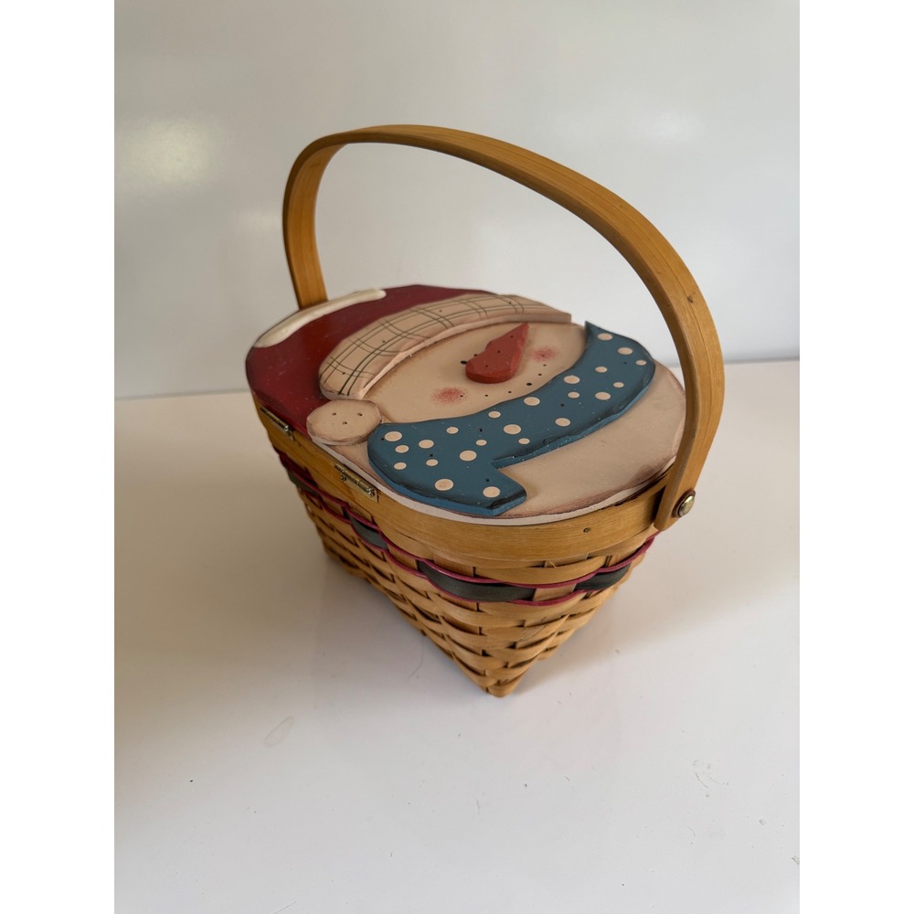 Vintage Snowman Woven Wood Basket Hand Painted Hinged Lid Christmas Decor